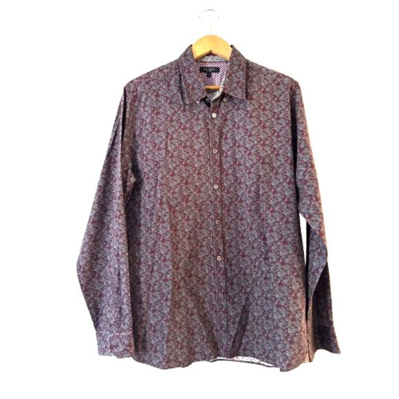 Ted Baker Mens Long Sleeve Paisley Print Shirt 6 Red Multi Button Up 100% Cotton - Picture 1 of 12